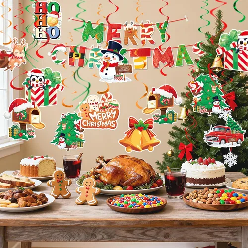Vista 7 de Juego de decoración navideña: pancarta y remolinos colgantes, para el hogar, oficina, aula, decoración de fiesta de Navidad en interiores