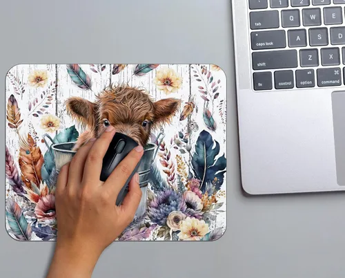 Vista 4 de OFlich Highland Cow - Alfombrilla para mouse, floral, 9.5 x 7.9 pulgadas, marrón rojizo, poliéster y poliuretano, base antideslizante, oficina