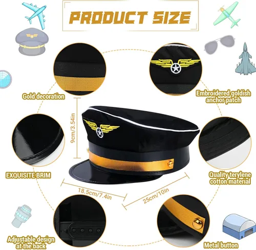 Vista 3 de Disfraz de capitán piloto de aerolínea, incluye camisa, sombrero de piloto, corbata, gafas de sol, insignia para adultos, disfraz de aviador