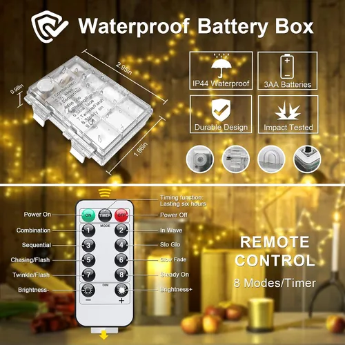 Vista 5 de JMEXSUSS Paquete de 2 tiras de luces de batería impermeables para exteriores