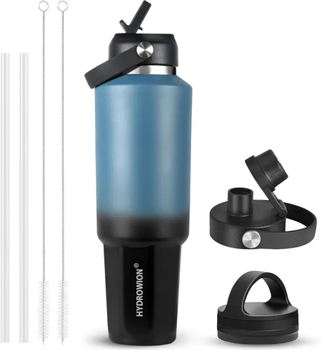 Vista 22 de HYDROWION Botella de agua aislada de 32 onzas, soporte para botella de agua para automóvil, botella de viaje aislada al vacío de doble pared