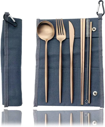 Vista 22 de JASHII Juego de cubiertos de viaje de acero inoxidable, tenedor, cuchara, cuchillo, pajilla, cubiertos reutilizables con estuche, juego de Rosa