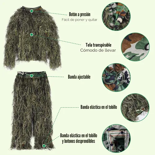 Vista 6 de Seeutek Traje Ghillie 5 en 1 – Trajes de caza de camuflaje 3D – chaqueta, pantalones, capucha, bolsa de transporte para adultos y jóvenes, M/L