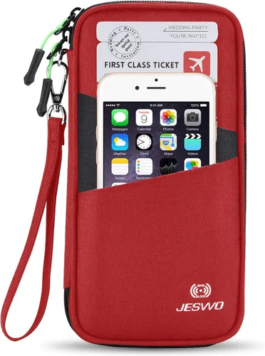 Vista 7 de Cartera de viaje RFID para pasaporte familiar, organizador de documentos impermeable con cremallera y correa de muñeca extraíble, Rojo, Elegante