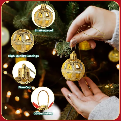Vista 3 de TranquilBliss Adornos de Navidad, 38 unidades, bolas de plástico doradas inastillables para árbol