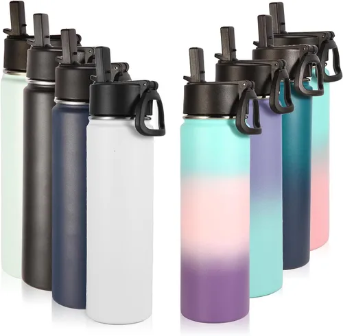 Vista 48 de Volhoply Botellas de agua aisladas de 22 onzas con tapa con popote, botella deportiva de acero inoxidable con asa, vasos de agua de viaje de metal