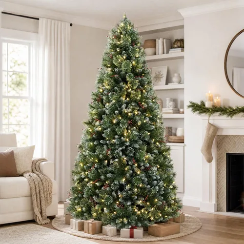 Vista 8 de Árbol de Navidad preiluminado flocado de 7.5 pies con aguja de Pino parcialmente flocado