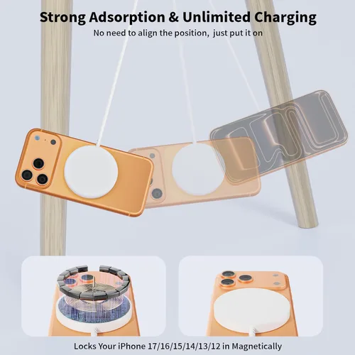 Vista 8 de Cargador inalámbrico magnético para iPhone, [certificado Apple MFi] Cable de carga Apple Mag-Safe de 6 pies, almohadilla de carga inalámbrica