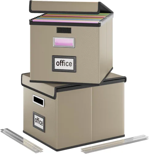 Vista 21 de Caja organizadora de archivos Huolewa con tapa, caja organizadora de carpetas de archivos colgantes de cuero sintético plegable con deslizadores