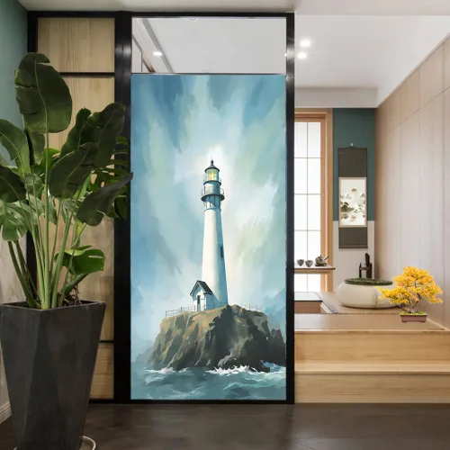 Vista 10 de Película de privacidad para ventana de faro blanco retro, estilo costero, acuarela abstracta, vitrales, película de adherencia estática para tiendas