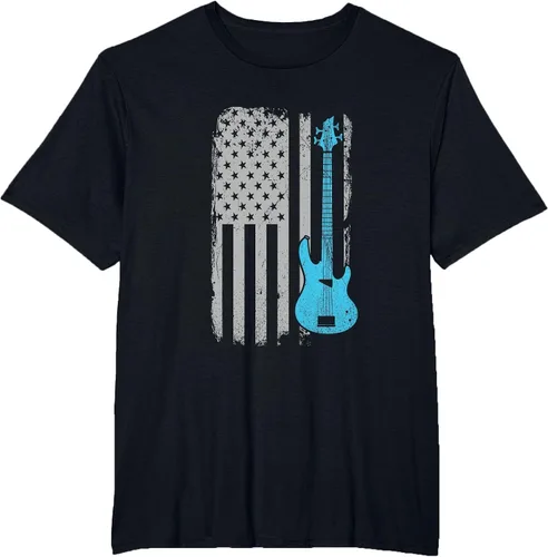 Vista 5 de Electric Bass Guitar Player American Flag Musician T-Shirt Asphalt Grey