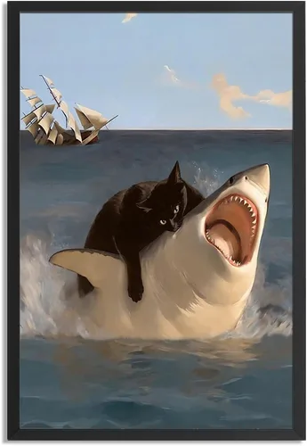 Vista 12 de Arte de pared divertido enmarcado de gato Monet Waterlily Cat Poster para habitación decoración estética, lindas imágenes de gato negro, impresiones