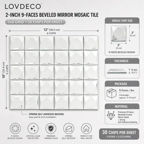 Vista 2 de Lovdeco Azulejo de Mosaico de Vidrio Espejo Adhesivo de 2 pulgadas, 9 Caras Biseladas de Cristal Plateado para Salpicadero de Cocina, 12 x 10 Plata