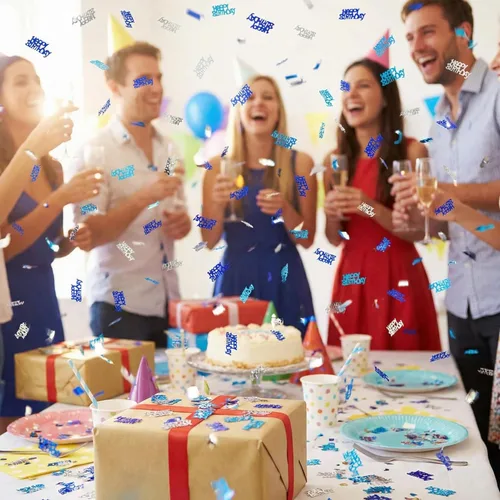 Vista 6 de Confeti de feliz cumpleaños, decoración de dispersión de mesa, suministros de fiesta azul y plateado