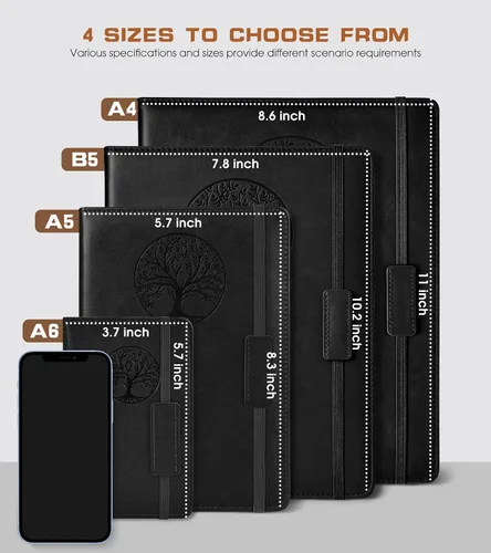 Vista 2 de Cuaderno rayado para mujeres y hombres, 256 páginas, tamaño A4, grande, de tapa dura, de cuero, para escribir, viajes, negocios, trabajo, escuela