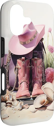 Vista 3 de Botas rosas y sombrero de vaquero Funda floral de vaquera costera para iPhone 17