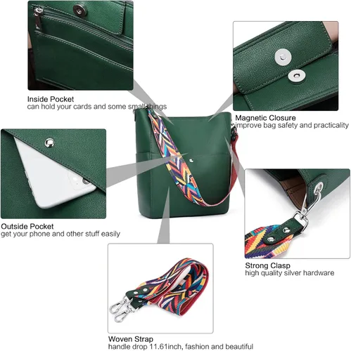 Vista 5 de BROMEN Bolsa Hobo para mujer, diseñada con cuero vegano, de hombro, bandolera
