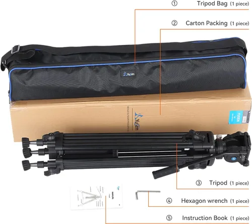 Vista 8 de Trípode de video profesional resistente de 62 pulgadas/62.2 in, aluminio Twin Tube, 360 Degree Fluid Head, Mid-Level Spreader, For DSLR Camcorder