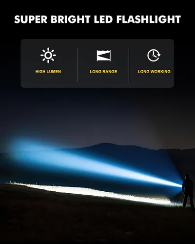 Vista 2 de Linterna súper brillante de 5000.000 lúmenes de alta luminosidad, linternas LED recargables alimentadas por batería, linterna táctica impermeable