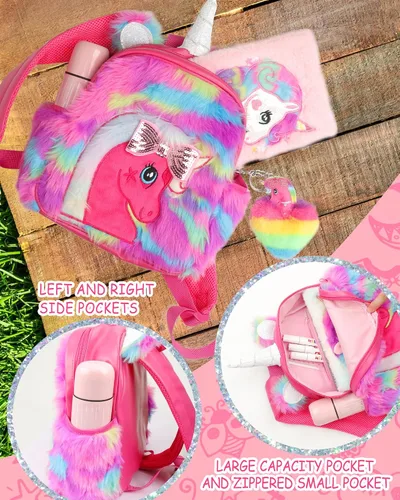Vista 5 de LSSAGOON Mochila de felpa de unicornio para niñas, bonita bolsa de libro escolar de piel sintética suave, mochilas Kawaii esponjosas para niños.