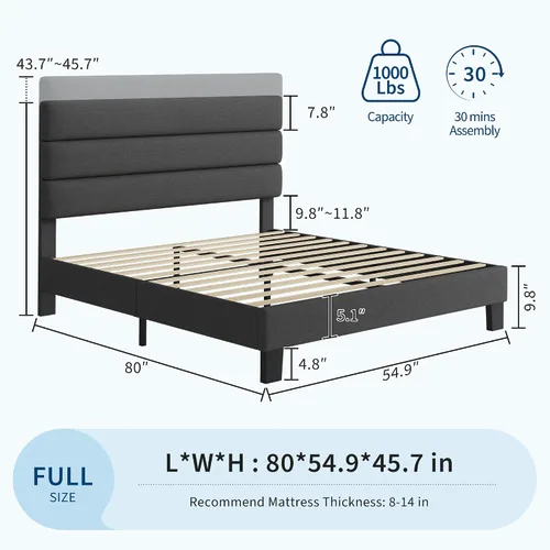 Vista 2 de GarveeHome Base de cama tamaño matrimonial con cabecera ajustable, tapizada de tela de lino y soporte de listones de madera, base de colchón