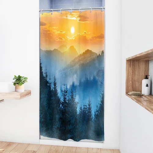 Vista 3 de Riyidecor - Cortina para ducha pequeña de montaña, 36 pulgadas de ancho x 72 pulgadas de alto, para RV, azul marino, con diseño de bosque nebuloso