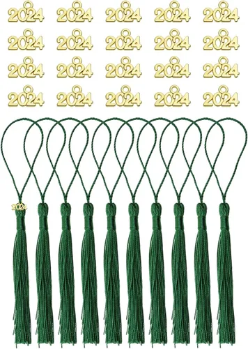 Vista 12 de Tupalizy 10 mini borlas sedosas hechas a mano con 20 dijes del año 2024 para graduación, llavero, aretes, joyería, regalos de boda, recuerdos, Negro