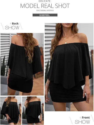 Vista 4 de Sidefeel Vestido corto con volantes y hombros descubiertos para mujer