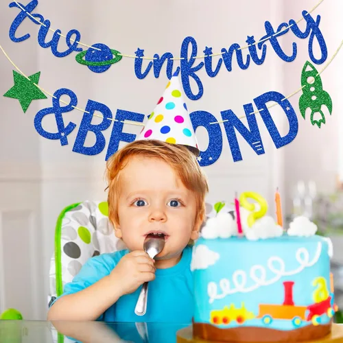Vista 6 de Infinity and Beyond - Cartel de segundo cumpleaños – Decoración de fiesta temática espacial (azul) 2 Years Old Space Themed Birthday Banner, 2nd