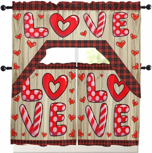 Vista 13 de Cortinas de Gnomos de San Valentín con Cenefa para Cocina, Cortinas con Bolsillo para Barra para Dormitorio, Sala de Estar, Baño, Cafetería, Negro
