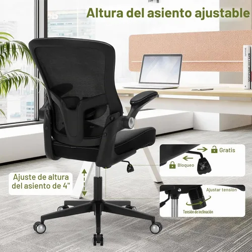Vista 4 de Silla de oficina ergonómica de piel sintética, capacidad de peso de 400 libras, respaldo de malla transpirable, altura ajustable y brazos abatibles
