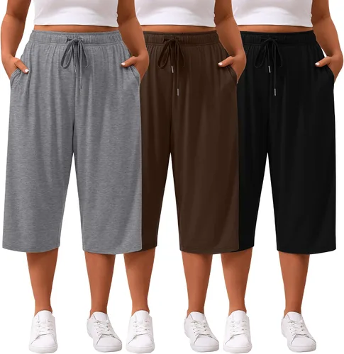 Vista 13 de Paquete de 3 pantalones capri de talla grande para mujer, ajuste holgado, pierna ancha, pantalones recortados para yoga, descanso, entrenamiento