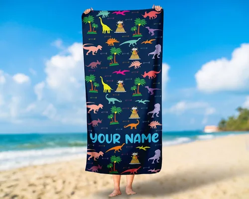 Vista 7 de Generic Toalla de playa de dinosaurio, nombre personalizado, algodón de secado rápido, regalo divertido para niños