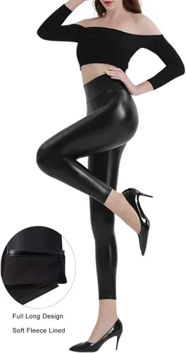 Vista 3 de Leggings de piel sintética para mujer con cintura alta y elásticos color negro