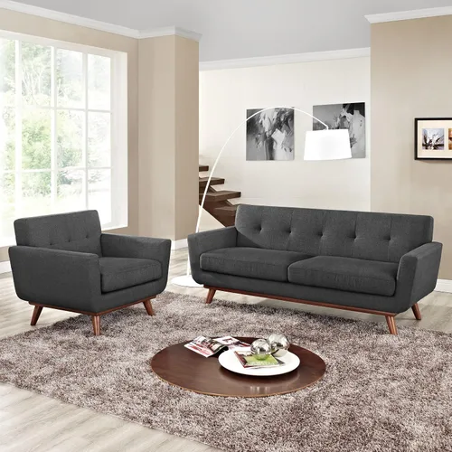 Vista 10 de Modway Engage - Sillón de una pieza tapizado con tela y sofá de dos piezas de estilo de mediados de siglo, Tela, Celeste