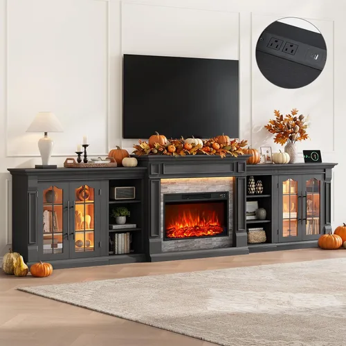 Vista 10 de 8-Color Electric Fireplace TV Stand, 104" Entertainment Center with Heater Negro