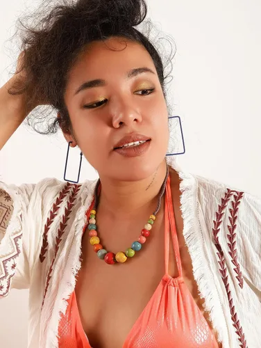 Vista 7 de MINACHI Hippie Boho - Collar de cuentas redondas de cerámica colorida, estilo bohemio, regalo de joyería para mujer