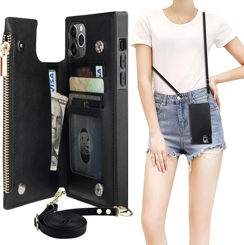 Vista 25 de Bocasal Funda tipo cartera cruzada para iPhone 11 Pro con tarjetero, protector de ranura para tarjetas con cremallera, a prueba de golpes, con Negro