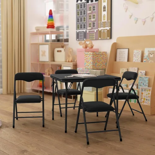 Vista 5 de HBCY Creations Juego de mesa y sillas plegables para niños de 5 piezas, diseño negro, ligero y portátil, función de bloqueo de seguridad, asientos