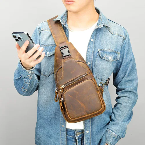 Vista 6 de NIUCUNZH Bolso bandolera de cuero genuino con cierre de metal frontal, hecho a mano, estilo vintage, mochila de hombro para mujeres y hombres, Crazy