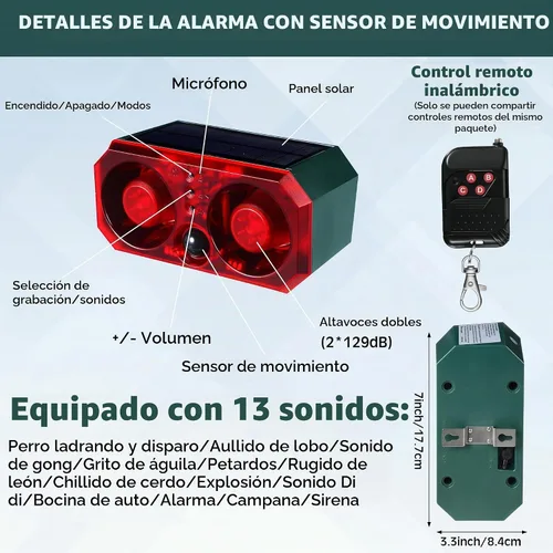 Vista 2 de Qualirey - 2 unidades de alarma solar con sensor de movimiento para exteriores con estaca