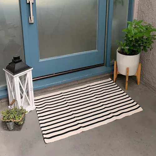 Vista 9 de KIMODE - Alfombra de algodón tejida con diseño a rayas en color negro, para puerta de entrada, cocina, decoración de estilo rústico
