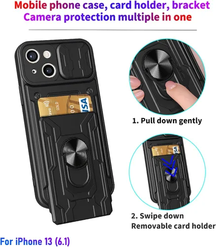Vista 2 de Funda tipo cartera para iPhone 13, ranura para tarjeta de crédito, diseño portátil, resistente de doble capa acolchada de goma protectora