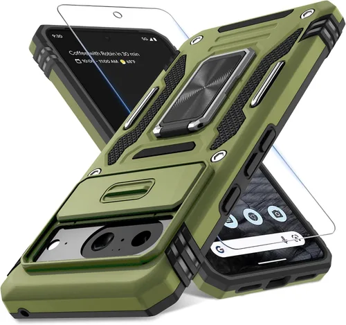 Vista 10 de DEERLAMN Funda para Google Pixel 8 con cubierta deslizante para cámara + protector de pantalla (1 paquete), soporte de anillo giratorio grado