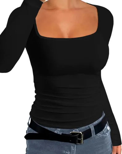 Vista 2 de Afibi Camiseta básica elástica de manga larga acanalada con cuello cuadrado para mujer