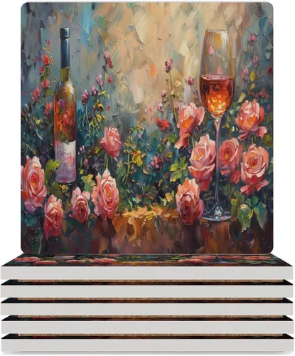 Vista 19 de 4 posavasos de vino tinto, cuadrados y modernos posavasos absorbentes de cerámica, estilo de pintura al óleo, vintage, vino tinto, uvas, rosa