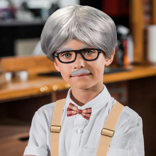 Vista 5 de Yewong Disfraz de anciano para niños, peluca de abuelo para 100 días de escuela, Halloween