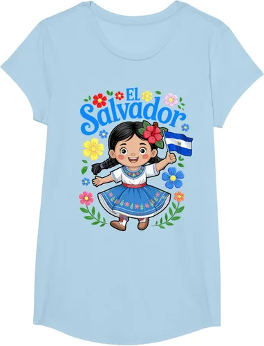 Vista 15 de Camiseta de estilo tradicional floral para niña con la bandera de El Salvador