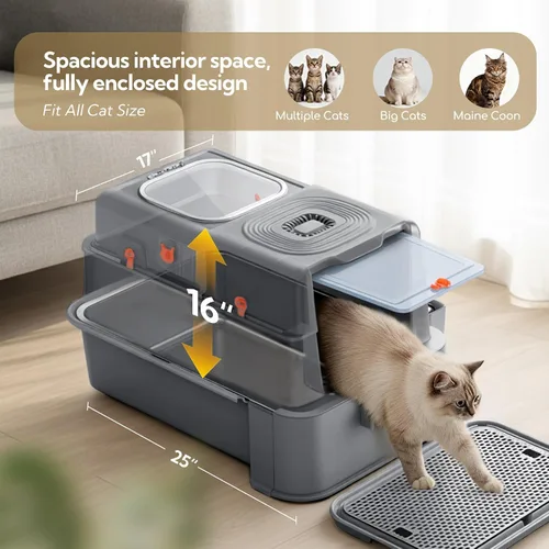 Vista 3 de Soulbond Caja de arena de acero inoxidable para gatos con tapa, caja de arena de metal grande cerrada con cajón y puerta abatible para gatos