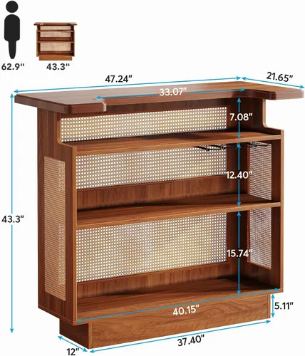 Vista 2 de Tribesigns: unidad de bar para el hogar de ratán, mesa de bar de 4 estantes estilo granja con 4 portavasos y base elevada, gabinete de bar